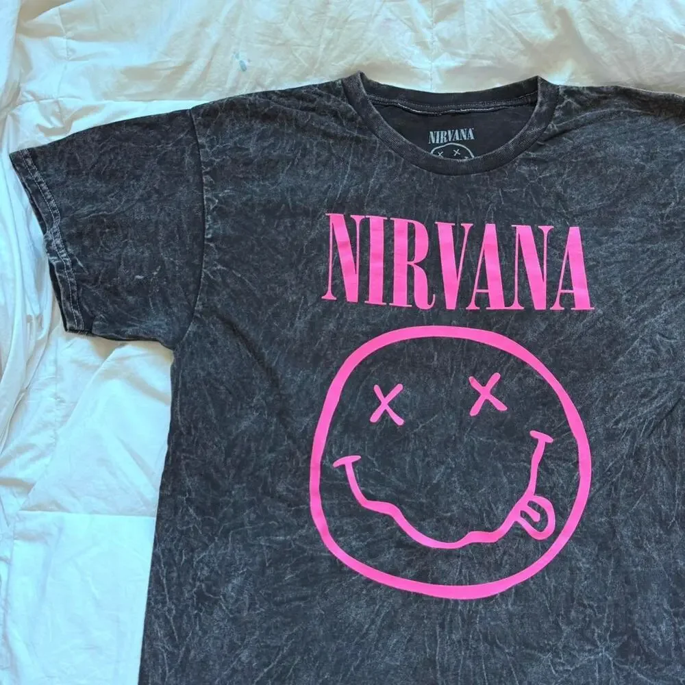 Nirvana smiley graphic band tee L cotton casual emo gunge skater black pink - Picture 6 of 8